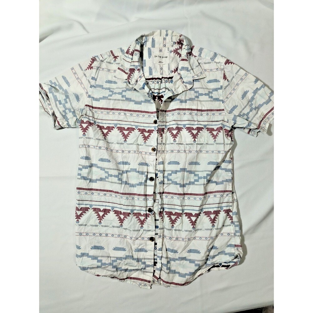 On The Byas Mens Small Southwestern Aztec Print Button Up Shirt Short Sleeve